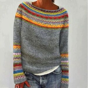 Gray Fair Isle Yoke Sweater with Multicolor Accents